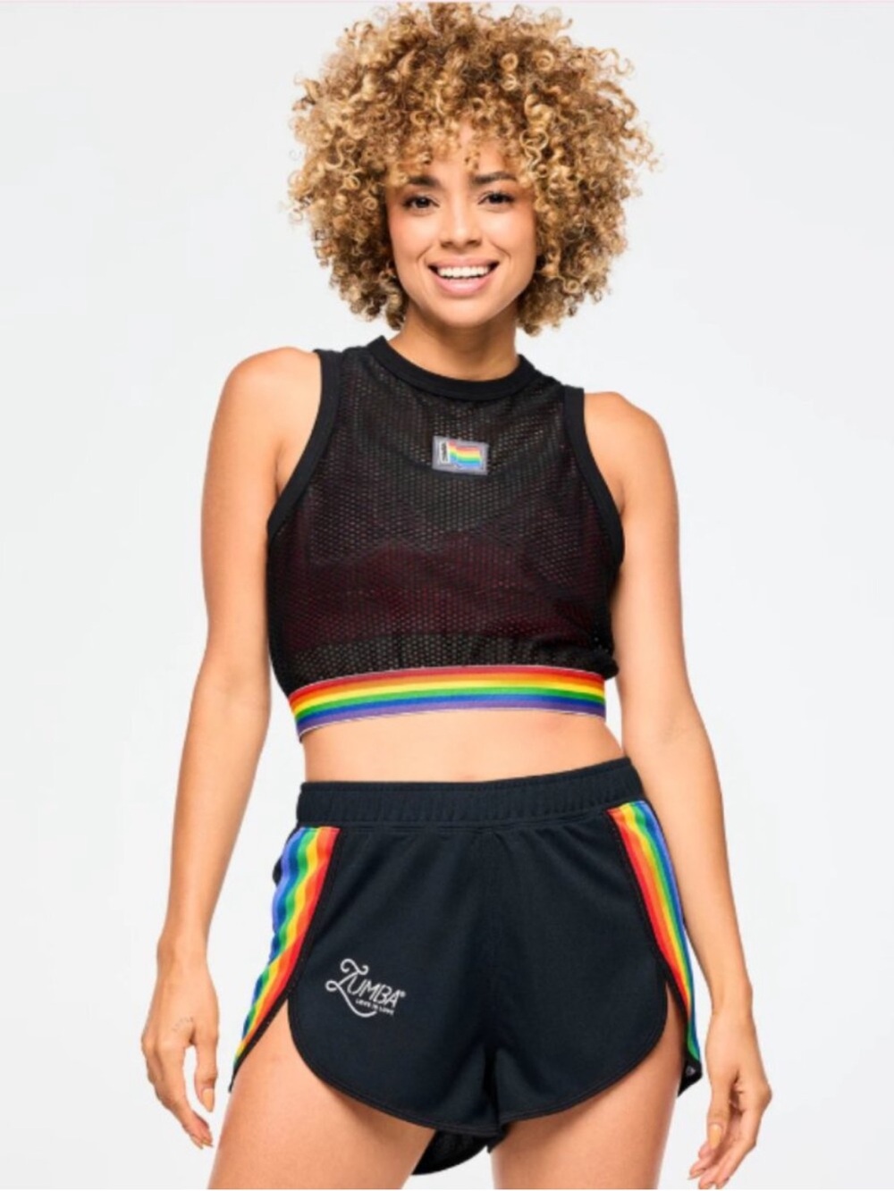 Zumba Fitness Black Mesh Crop Top with Rainbow Trim